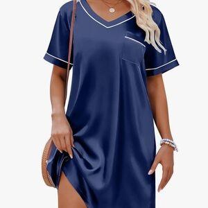 EKOUAER Womens XL Navy Blue Satin Nightgown. New With Tags